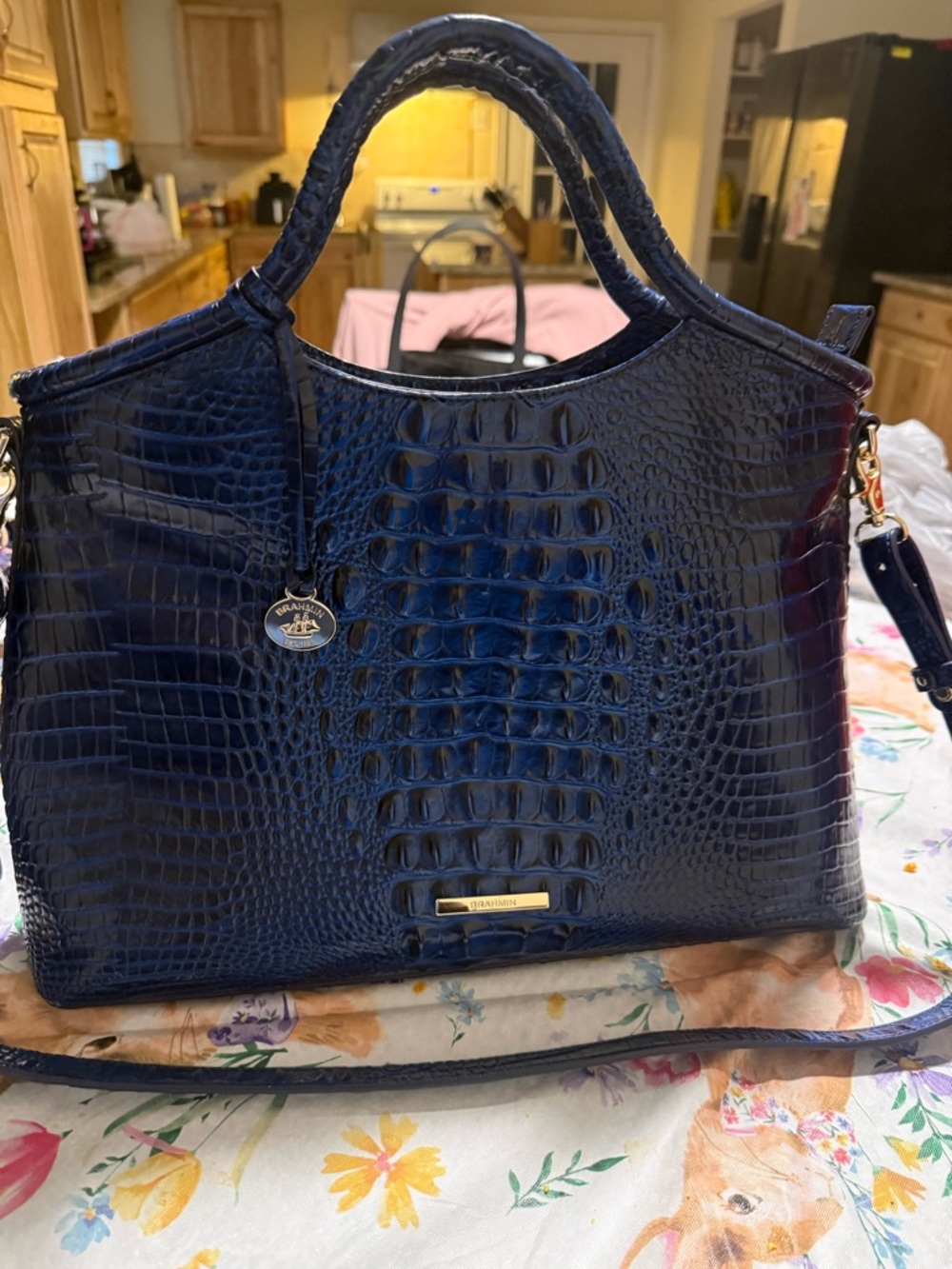 Brahmin Navy Croc-Embossed Satchel with Gold Hardware